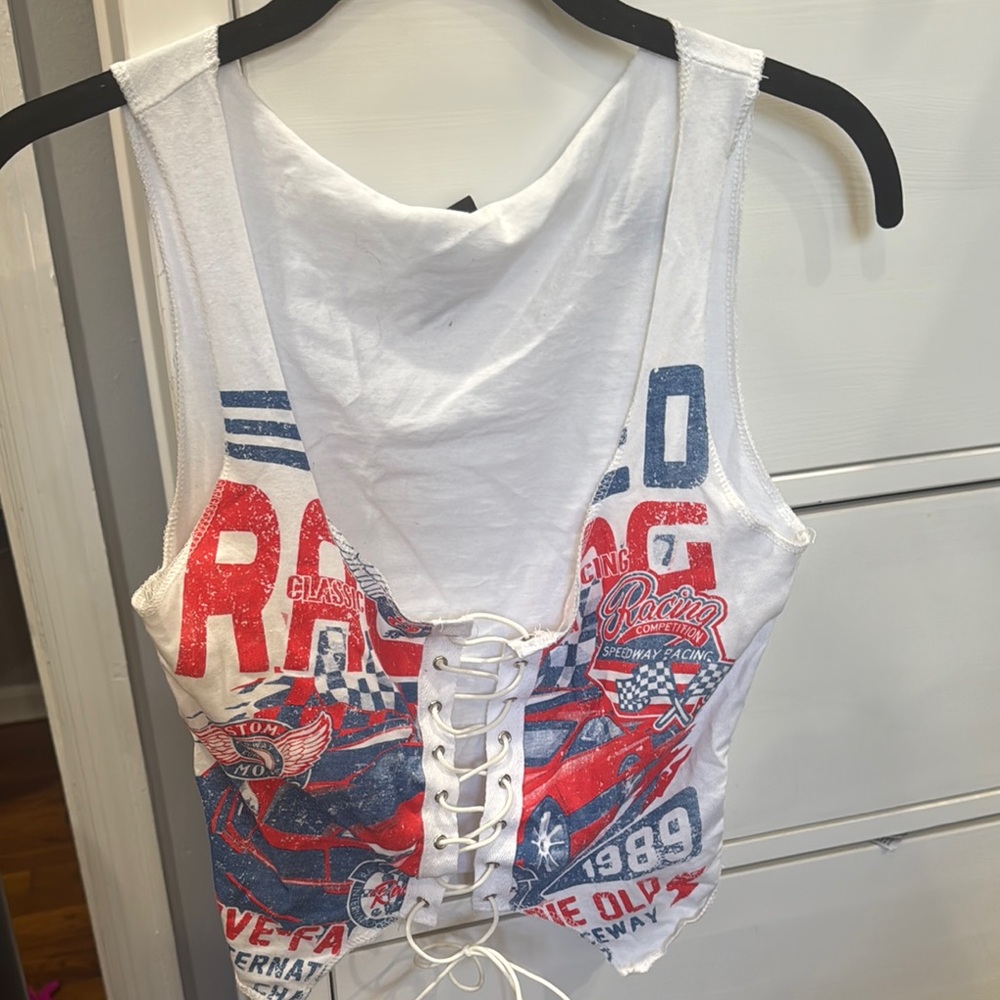 White Lace-Up Graphic Tank Top